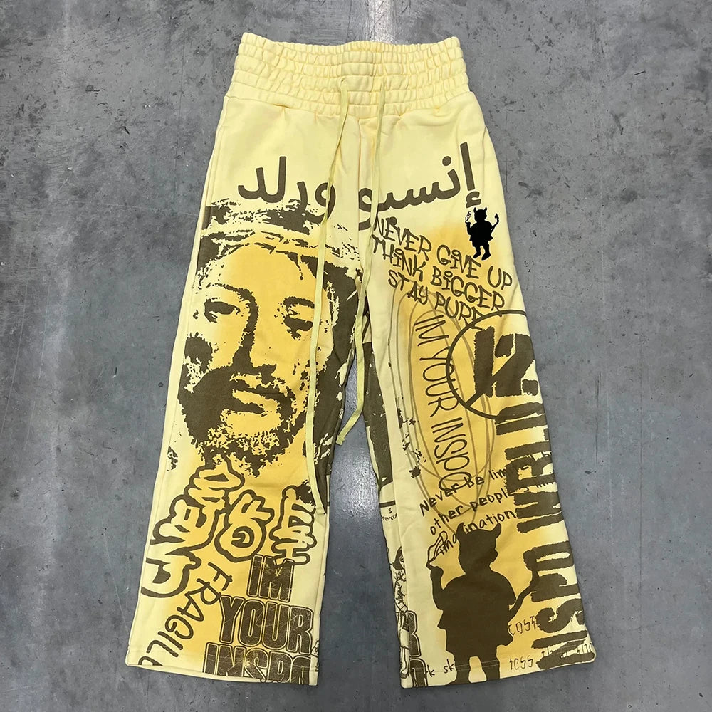 Huilin Oem Streetwear Pants Custom Screen Printing Graphic Heavyweight Cotton Pants Men Vintage Washed Wide Leg Baggy Sweatpants