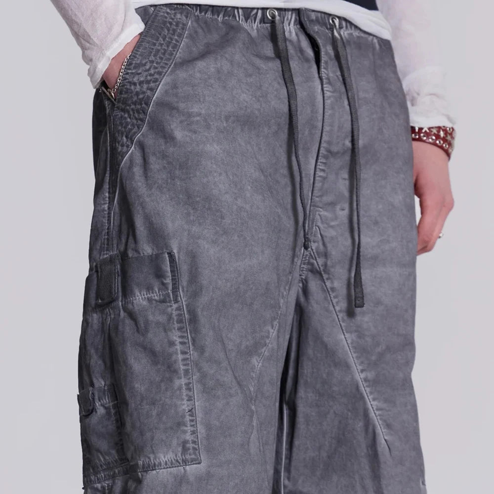 Huilin Manufacturer Wholesale Baggy Wide Leg Cargo Track Pants Men Custom Oil Washed Vintage Grey Oversized Parachute Pants