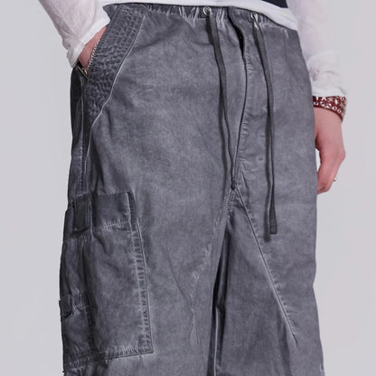 Baggy Wide Leg Cargo Track Pants Men Custom Oil Washed Vintage Grey Oversized Parachute Pants