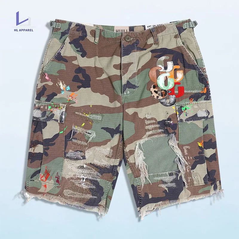 HL custom luxury sun faded cargo shorts 5 inch inseam manufacturer wholesale men applique vintage wash distressed camo shorts