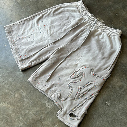 Streetwear Heavyweight Cotton Shorts Custom Vintage Washed Sun Faded Embroidery Logo Patched Rhinestone Sweat Shorts