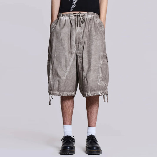 Huilin High Quality Custom Thick Cotton Cargo Shorts Men Vintage Oil Washed Baggy Wide Leg Parachute Shorts Pants