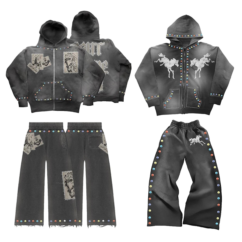 HL Heavyweight Cotton Streetwear Hoodie Sweatpants Sets Custom Sun Faded Washed Men Vintage Rhinestone Two Piece Tracksuits Set