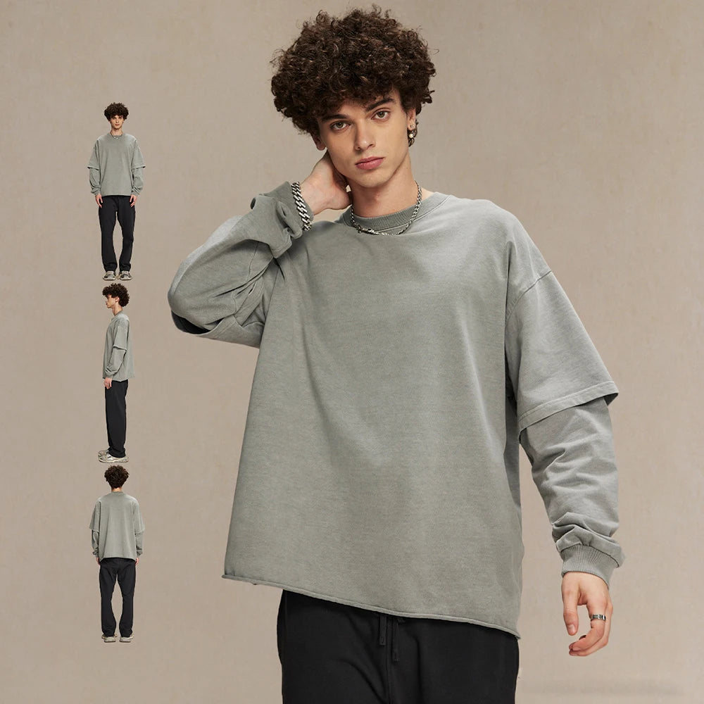 Huili Oem Unisex Vintage Washed Thick Cotton Blank Tshirts Custom Oversized Fit Men Raw Hem Double Layer Long Sleeve T Shirt