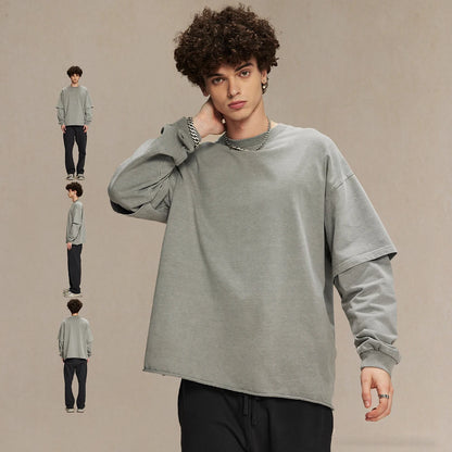 Oem Unisex Vintage Washed Thick Cotton Blank Tshirts Custom Oversized Fit Men Raw Hem Double Layer Long Sleeve T Shirt