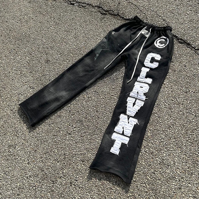 Huili Oem Heavyweight Jogger Pants Men Custom Embroidery Logo Patched Sunfaded Washed Straight Leg Raw Hem Flared Sweatpants