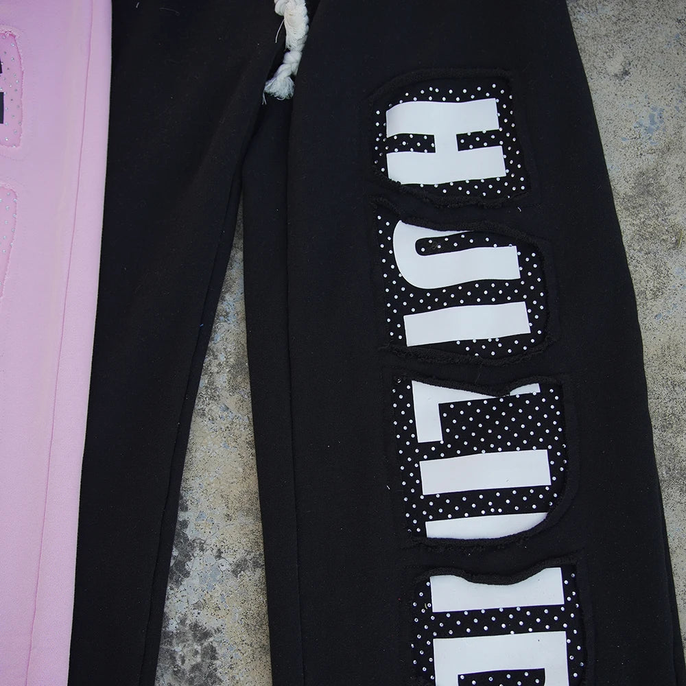 Huilin Custom Logo Printing Wide Leg Thick Cotton Track Jogger Pants Heavyweight Raw Hem Bottom Men Rhinestone Baggy Sweatpants