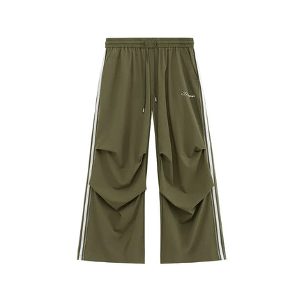 Double Knee Wide Leg Cargo Track Pants Men Contrast Stitching Oversized Fit Baggy Parachute Pants