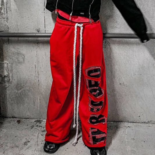 Winter-Jogginghose aus dicker Baumwolle im Used-Look, gewaschen, benutzerdefinierte Herren-Übergröße, weites Bein, Strass-Logo-Druck, Baggy-Jogginghose