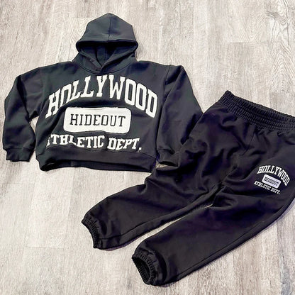 Huili Zweiteiliger Streetwear-Trainingsanzug aus dicker Baumwolle mit individueller Stickerei und Logo-Patch, Jogginganzug-Set für Herren, Jogginghose, Kapuzenpullover 