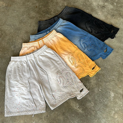 Streetwear Heavyweight Cotton Shorts Custom Vintage Washed Sun Faded Embroidery Logo Patched Rhinestone Sweat Shorts