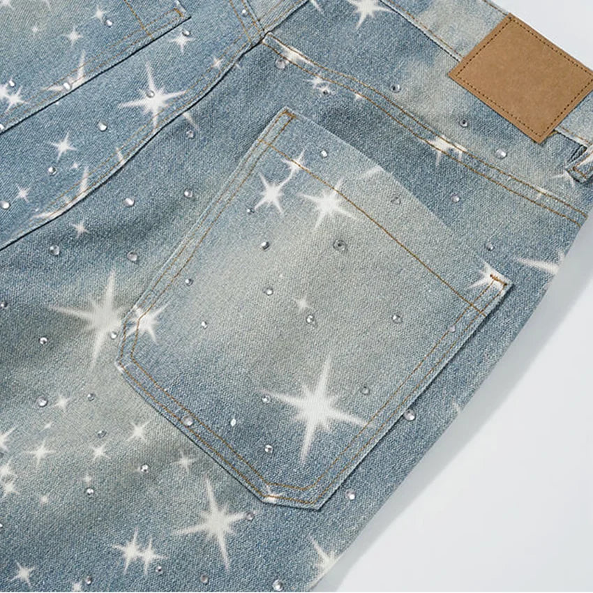 Wholesale Custom Streetwear Fashion Rhinestone Srar Jeans Men Rhinestone Embellished Star Print Jeans Pants