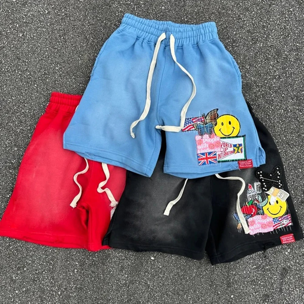 Huilin Oem French Terry Streetwear Sewat Shorts Custom Embroidery Logo Patched Vintage Wash Mens Sun Faded Cotton Shorts