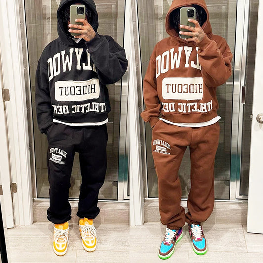 Huili Thick Cotton Two Piece Streetwear Tracksuit Custom Embroidery Logo Patched Sweatsuits Sets Men Sweatpants Hoodie Set