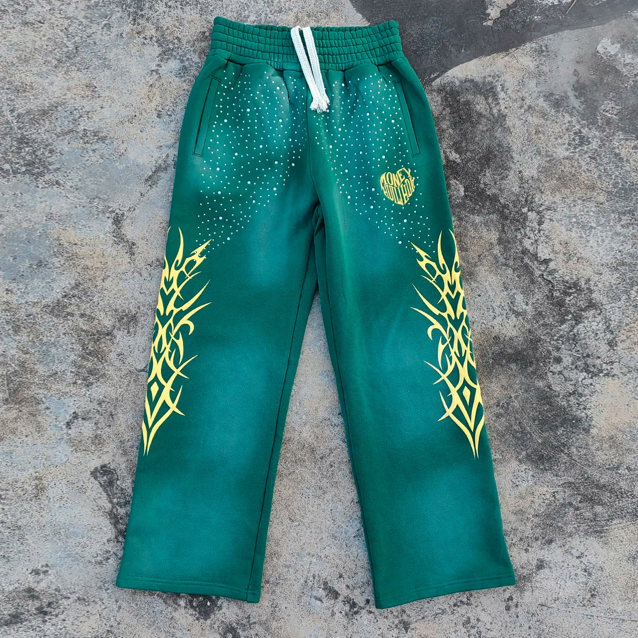 Custom Puff Printed Heavyweight Sweat Pants Drawstring Waist Men Vintage Washed Rhinestone Wide Leg Sunfaded Sweatpants