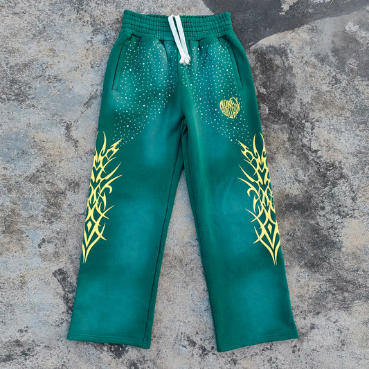 Custom Puff Printed Heavyweight Sweat Pants Drawstring Waist Men Vintage Washed Rhinestone Wide Leg Sunfaded Sweatpants