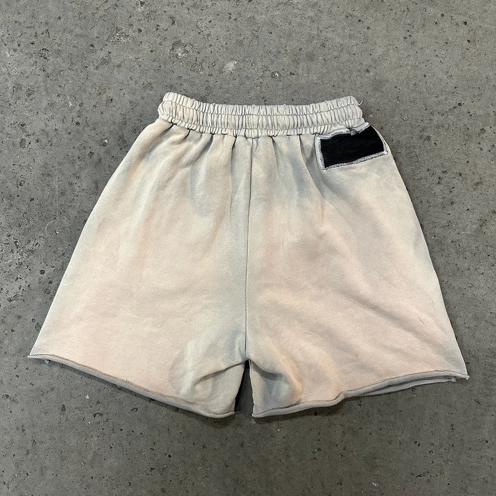 Huilin Manufacturer Sunfaded Acid Vintage Washed Thick Cotton Shorts Men Custom Logo Embroidery Patched Raw Hem Sweat Shorts