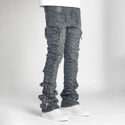 High Quality Men's Pants Straight Leg Slim Fit Stacked Jeans Factory  Custom Multi Pockets Laser Printed Denim Cargo Pant Men