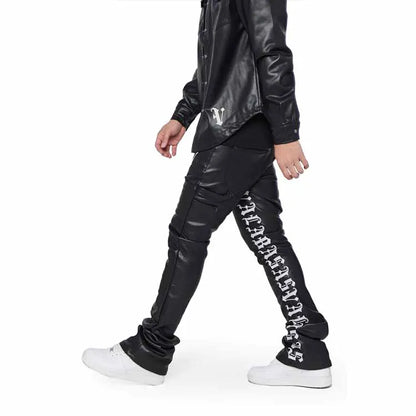 Streetwear black leather pants wholesale designer trendy heavyweight flare stacked jeans men custom letter jeans