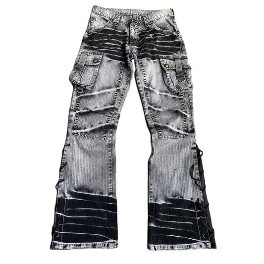 Wholesale Custom Gradient Metallic Studded Mid Rise Jeans Black Gray Pockets Vintage Wash Jeans Men