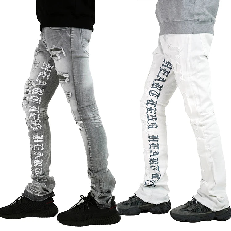 Manufacturer wholesale streetwear letter printed ripped denim jeans custom distressed jeans flare designer stacked jeans men