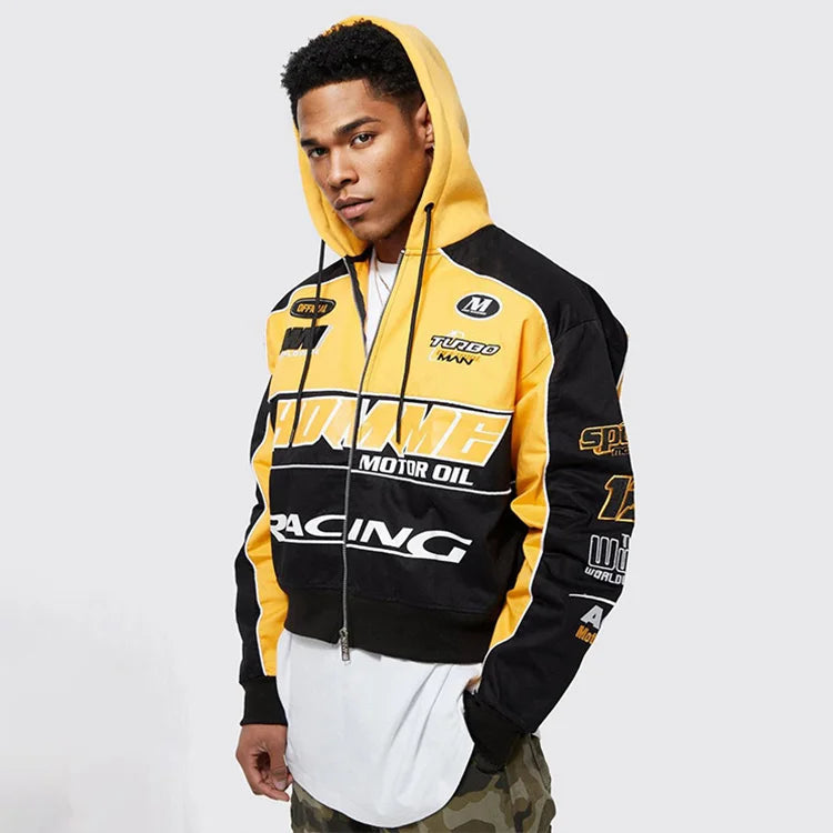 Chenille Embroidery Appliques Jacket Men Boxy Twill Jersey Hood Motorcycle Jacket Yellow Black Patchwork Race Car Jackets