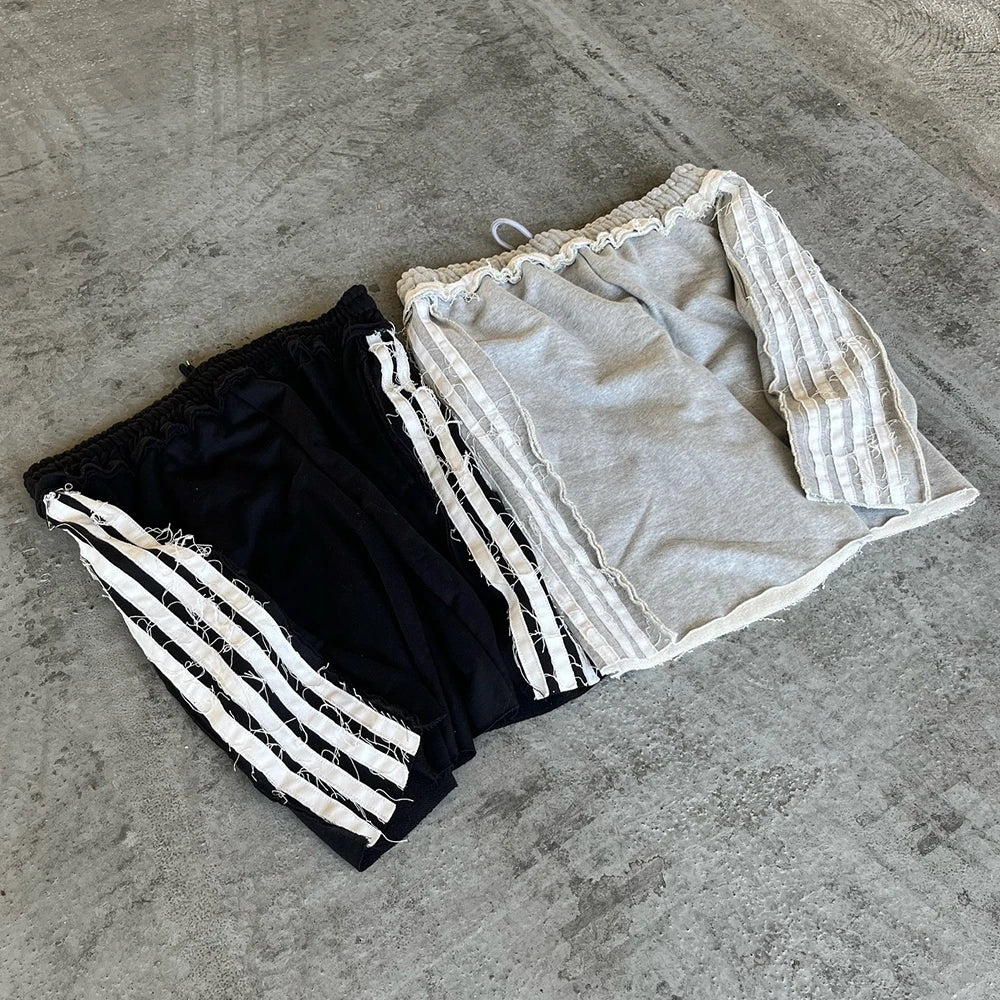 Huilin Oem Heavyweight Cotton French Terry Shorts Custom Striped Side Men Distressed Raw Hem Wide Leg Streetwear Sweat Shorts