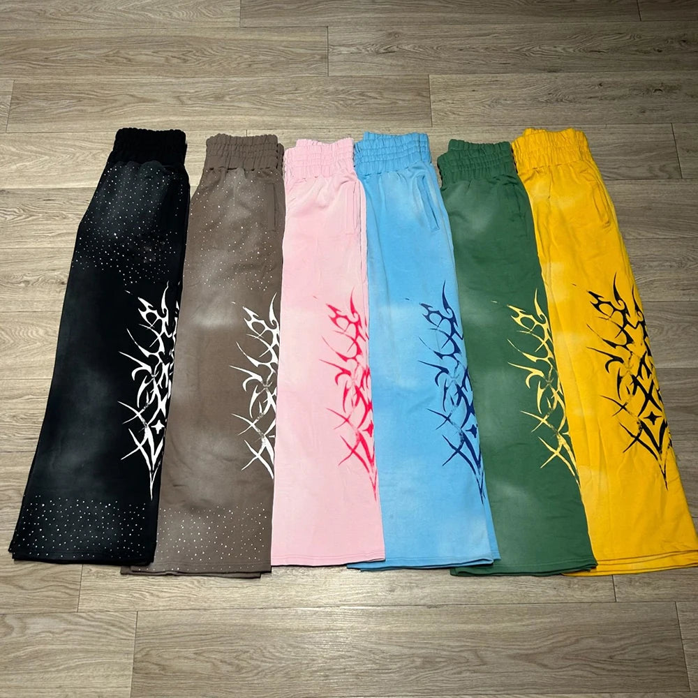 High Quality Streetwear Thick Cotton Vintage Washed Wide Leg Pants Custom Logo Printing Men Sunfaded Rhinestone Baggy Sweatpants