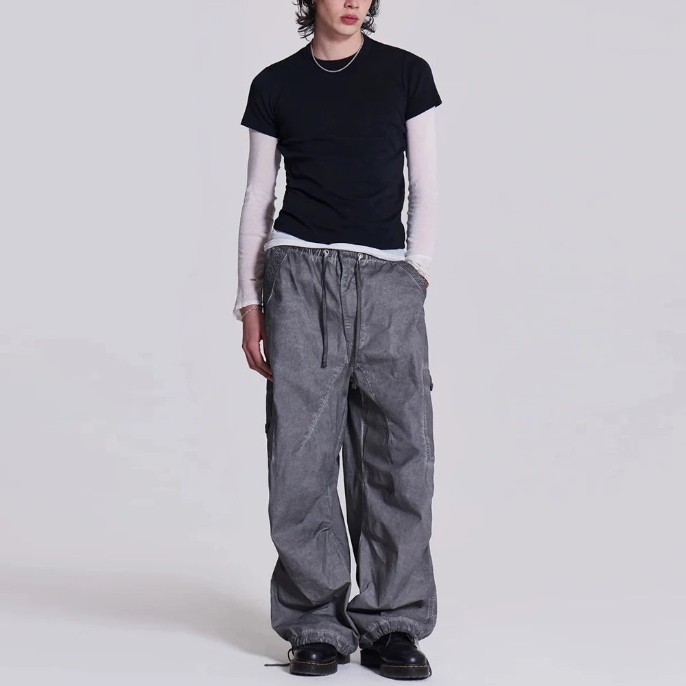 Huilin Manufacturer Wholesale Baggy Wide Leg Cargo Track Pants Men Custom Oil Washed Vintage Grey Oversized Parachute Pants