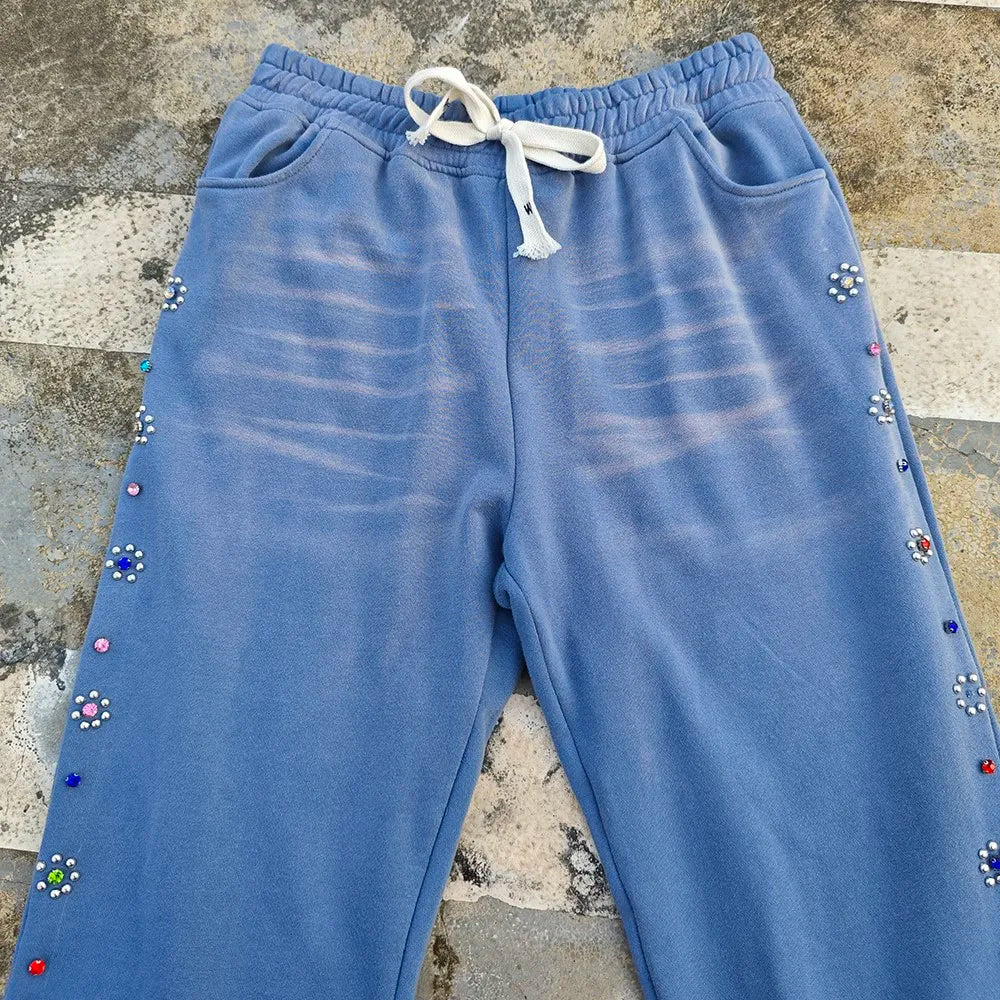 Huilin Factory Oem Vintage Sun Faded Washed Thick Cotton Track Pants Men Custom Raw Hem Bottom Flared Leg Rhinestone Sweatpants