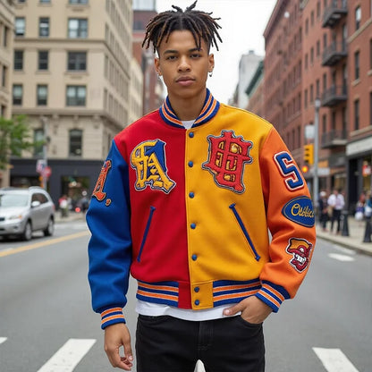 Appliques Patchwork Varsity Jacket Chenille Embroidery Badge Jacket High Quality Men Colorful Street Jacket Custom