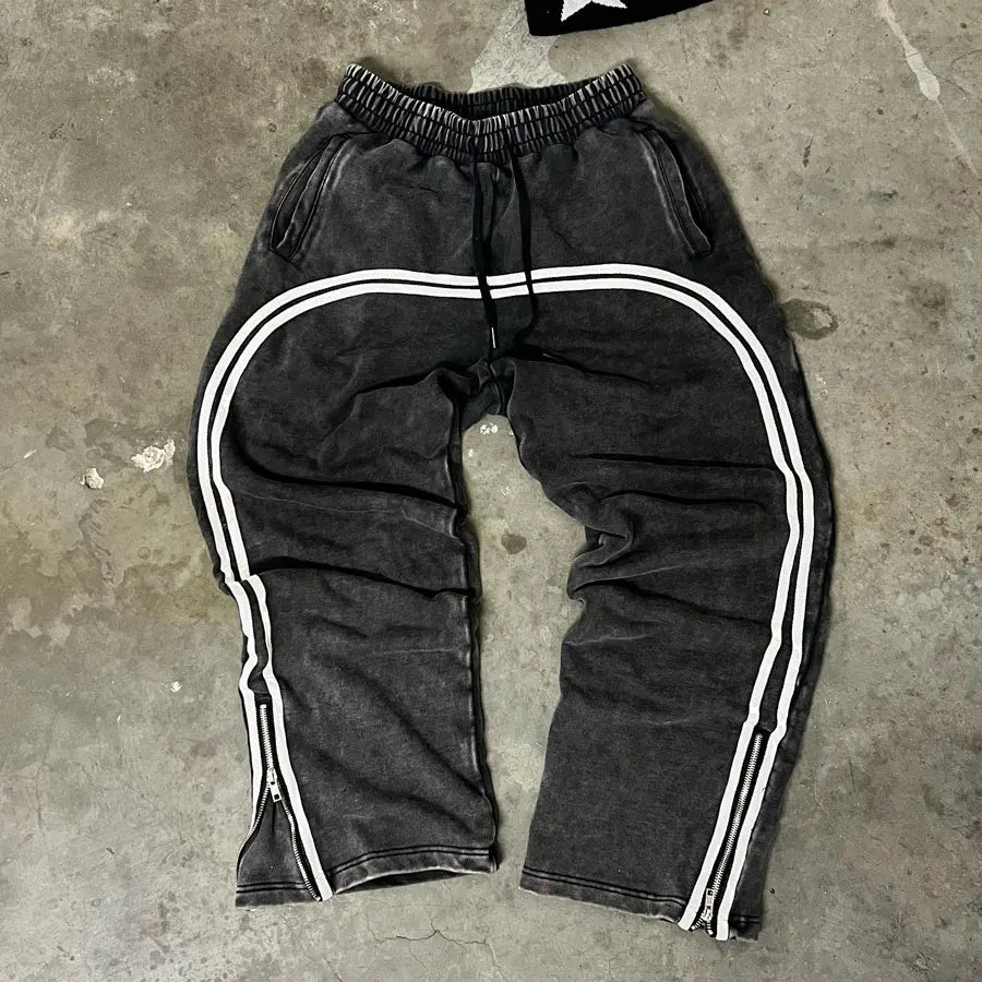 Huilin Oem Wholesale 100% Cotton Heavyweight Sweatpants Custom Zip Bottom Straight Leg Men Vintage Washed Striped Sweatpants