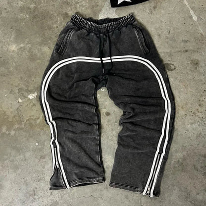 Oem Wholesale 100% Cotton Heavyweight Sweatpants Custom Zip Bottom Straight Leg Men Vintage Washed Striped Sweatpants