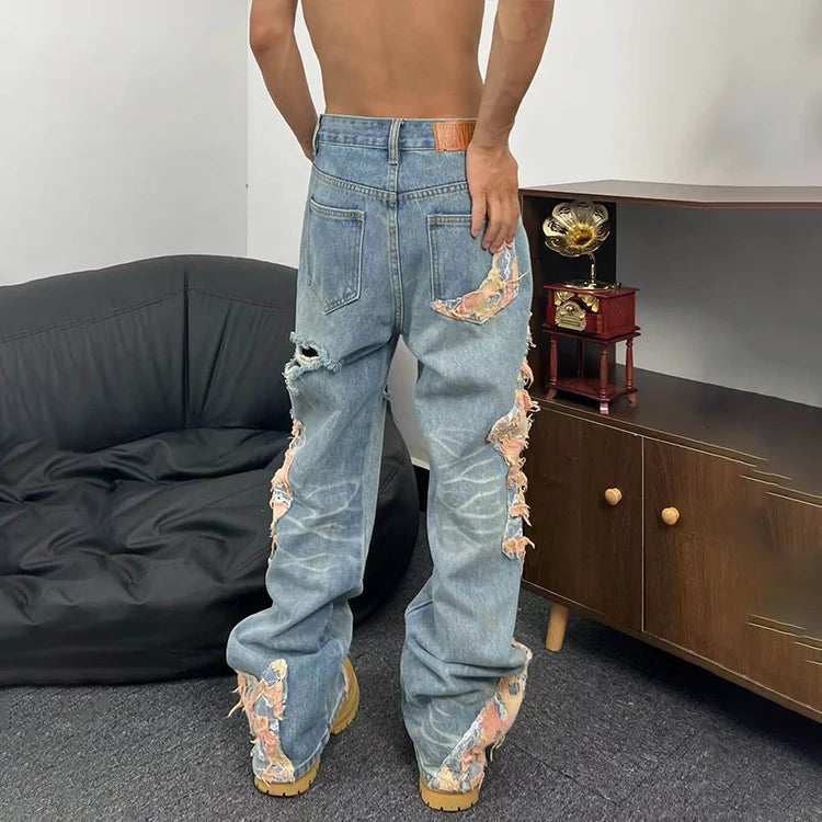 High Quality Street Fashion Styles Lace Distressed Patchwork Jeans Men Loose Fit RIpped Straight Leg Faded Lace Patched Jeans