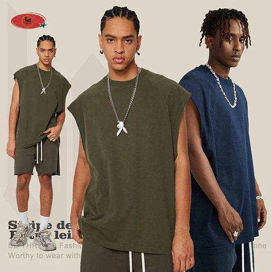 huilin factory new design 100% cotton men cut off tank top custom vintage washed oversized raw hem sleeveless t shirt