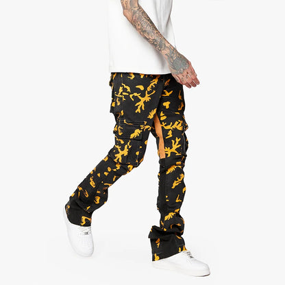 Black multi-pocket stacked jeans have eye-catching yellow print all-over printed skinny Cargo Pants Jeans