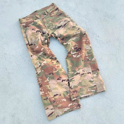 New Trend Thick Cotton Streetwear Work Pants Custom Camo Printed Men Baggy Flared Wide Leg Tactical Cargo Pants