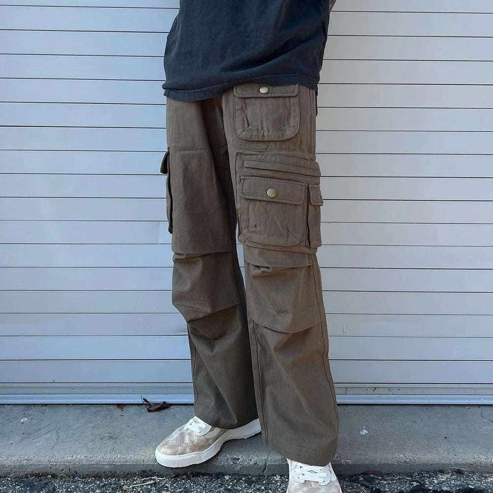 Huilin Manufacturer Oem Solid Color 100% Cotton Wide Leg Track Work Pants Men Oversized Baggy Wide Leg Twill Cargo Pants