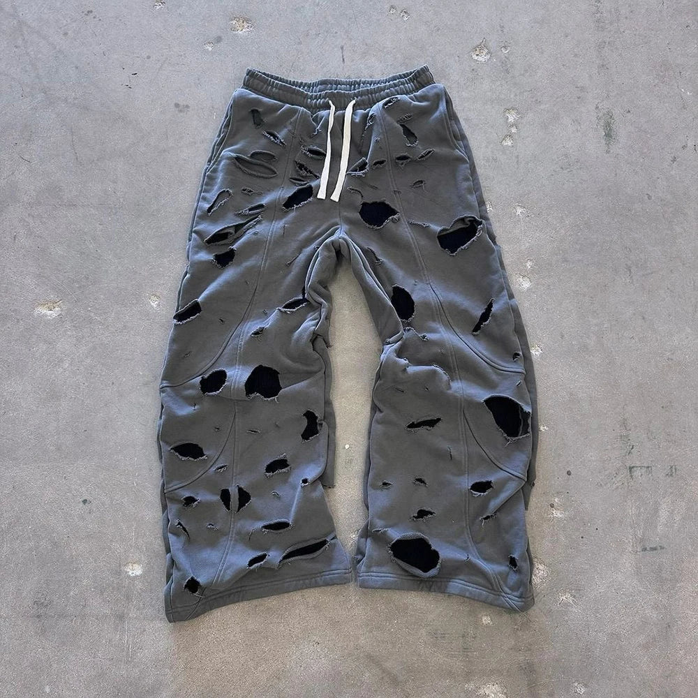 Huilin 100% Cotton Heavyweight Sweat Pants Custom Logo Printing Men Distressed Washed Oversized Baggy Wide Leg Sweatpants