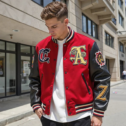 Leather Sleeve Appliques Patchwork Varsity Jacket Chenille Embroidery Badge Custom Letterman Jacket Men