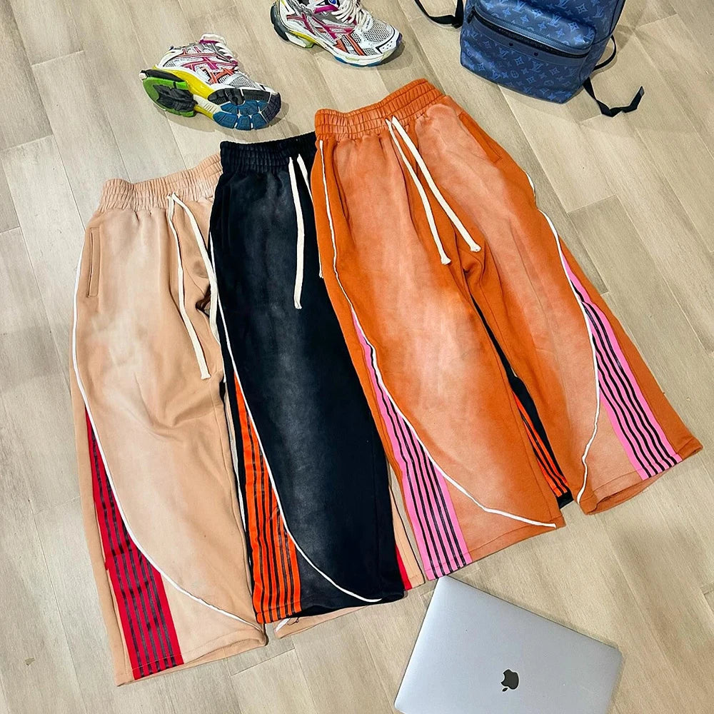 Huilin Oem Wholesale Winter Heavyweight Cotton Track Pants Men Custom Sunfaded Vintage Washed Striped Wide Leg Flared Sweatpants