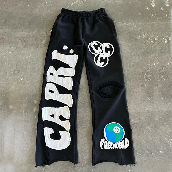 HuiLi oem hevayweight 100% cotton flared sweatpants men custom embroidered applique patched open bottom wide leg sweatpants