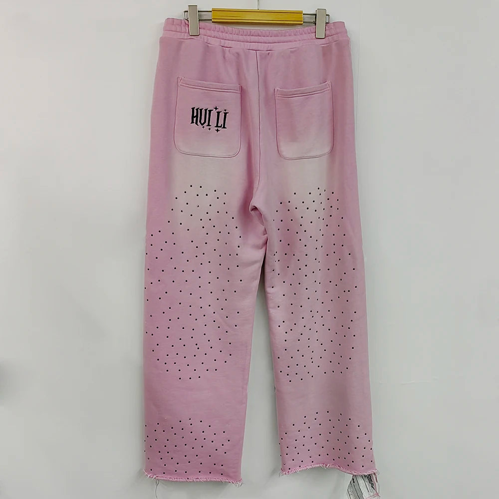 Huilin New Embroidery Logo Thick Cotton Jogger Track Pants Custom Rhinestone Sunfaded Washed Men Raw Hem Wide Leg Sweatpants