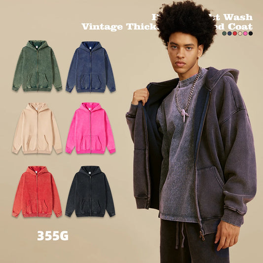 Huili Low Moq High Street Unisex Oversized Heavyweight Cotton Hoodie Jacket Men Custom Vintage Washd Two Way Zip Up Hoodie