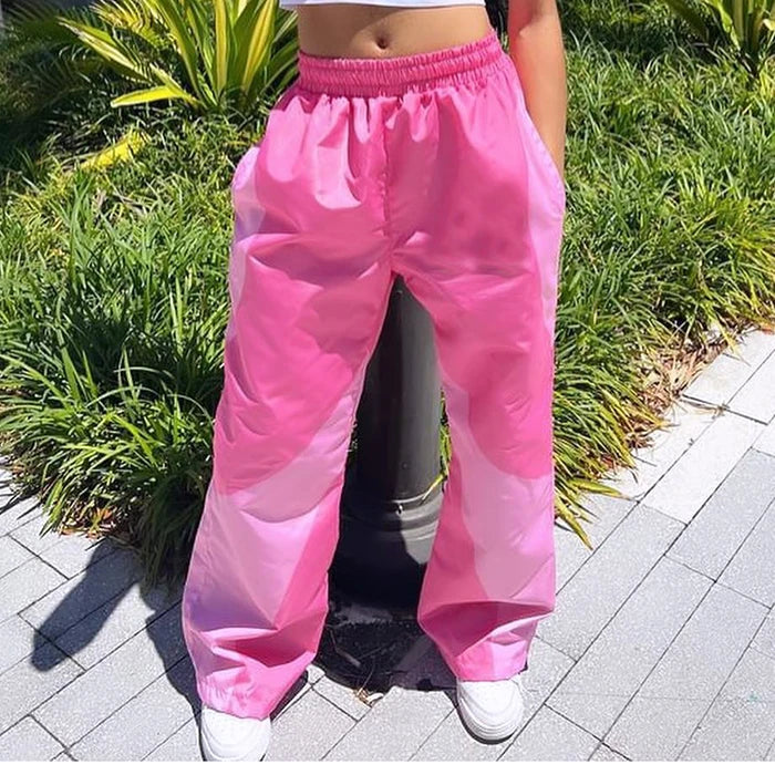 Huilin Oem Unisex Oversized Fit Elastic Waist Nylon Pants Trousers Custom Color Block Design Men Straight Wide Leg Track Pants