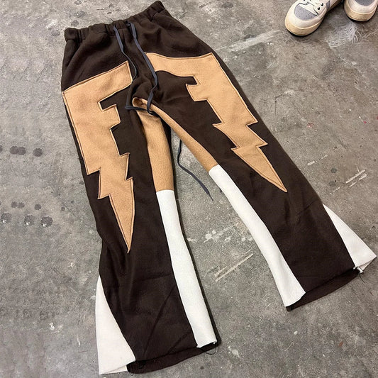 Huilin New Arrival Heavyweight Track Pants Custom Color Block Embroidery Patched Vintage Men Wide Leg Flared Sweatpants