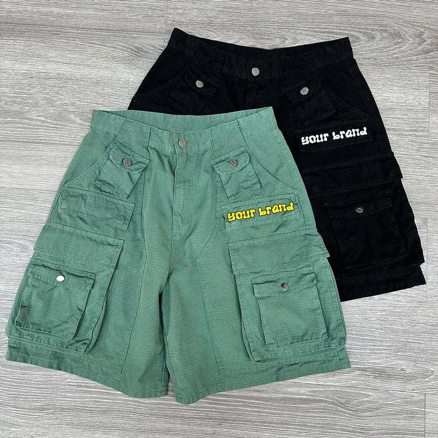 Huilin Factory Oem 100% Cotton Streetwear Cargo Shorts Oversized Fit Men Custom Logo Printing Utility Pockets Cotton Shorts