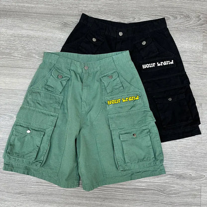 100% Cotton Streetwear Cargo Shorts Oversized Fit Men Custom Logo Printing Utility Pockets Cotton Shorts