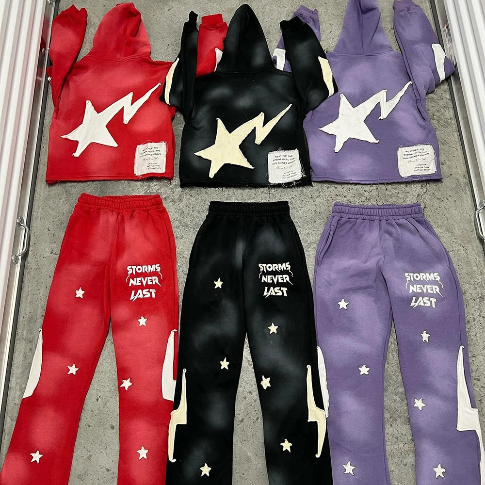 Huilin Oem Streetwear Two Piece Sets Tracksuits Custom Embroidery Logo Patched Men Vintage Washed Hoodie And Sweatpants Sets