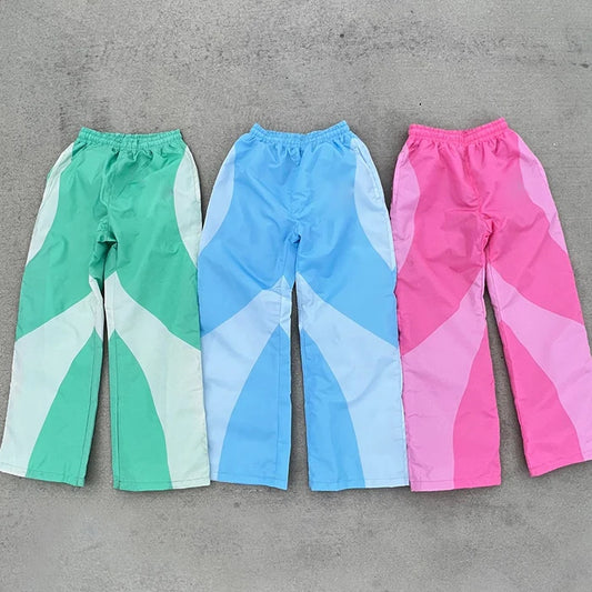 Oem Unisex Oversized Fit Elastic Waist Nylon Pants Trousers Custom Color Block Design Men Straight Wide Leg Track Pants